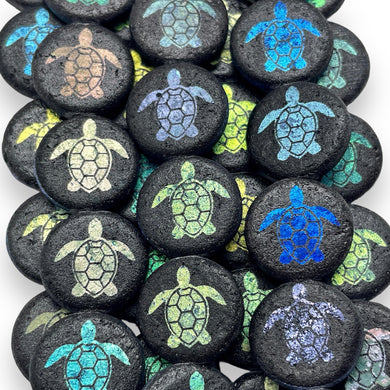 Czech glass laser tattoo sea turtle coin beads 8pc etched jet black AB 14mm-Orange Grove Beads