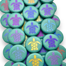 Load image into Gallery viewer, Czech glass laser tattoo sea turtle coin beads 8pc turquoise iris 14mm-Orange Grove Beads

