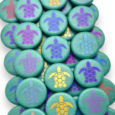Czech glass laser tattoo sea turtle coin beads 8pc turquoise iris 14mm-Orange Grove Beads