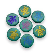 Load image into Gallery viewer, Czech glass laser tattoo sea turtle coin beads 8pc turquoise iris 14mm
