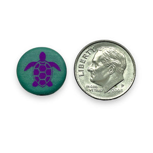 Czech glass laser tattoo sea turtle coin beads 8pc turquoise iris 14mm