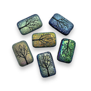 Czech glass rectangle laser tattoo winter tree beads 6pc etched jet black AB 18x12mm