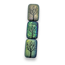 Load image into Gallery viewer, Czech glass rectangle laser tattoo winter tree beads 6pc etched jet black AB 18x12mm
