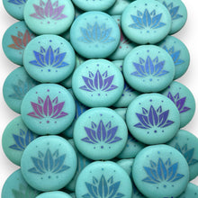 Load image into Gallery viewer, Czech glass laser tattoo lotus flower coin beads 8pc turquoise iris 17mm-Orange Grove Beads
