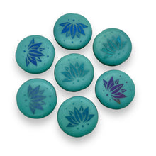 Load image into Gallery viewer, Czech glass laser tattoo lotus flower coin beads 8pc turquoise iris 17mm
