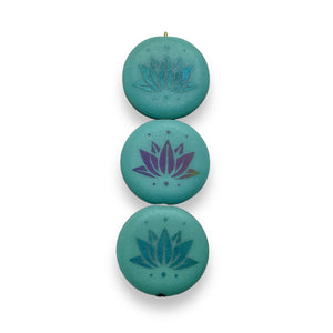 Czech glass laser tattoo lotus flower coin beads 8pc turquoise iris 17mm