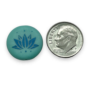 Czech glass laser tattoo lotus flower coin beads 8pc turquoise iris 17mm