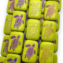 Load image into Gallery viewer, Czech glass laser tattoo sea turtle rectangle beads 6pc green iris 18x12mm-Orange Grove Beads
