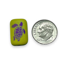 Load image into Gallery viewer, Czech glass laser tattoo sea turtle rectangle beads 6pc green iris 18x12mm
