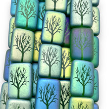 Load image into Gallery viewer, Czech glass rectangle laser tattoo winter tree beads 8pc green AB 18x12mm-Orange Grove Beads
