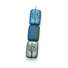Load image into Gallery viewer, Czech glass rectangle laser tattoo winter tree beads 8pc green AB 15x11mm
