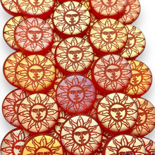 Load image into Gallery viewer, Czech glass laser tattoo sun coin beads 8pc matte orange AB 14mm #1-Orange Grove Beads
