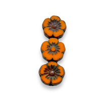 Load image into Gallery viewer, Czech glass table cut hibiscus flower beads 10pc orange picasso 10mm
