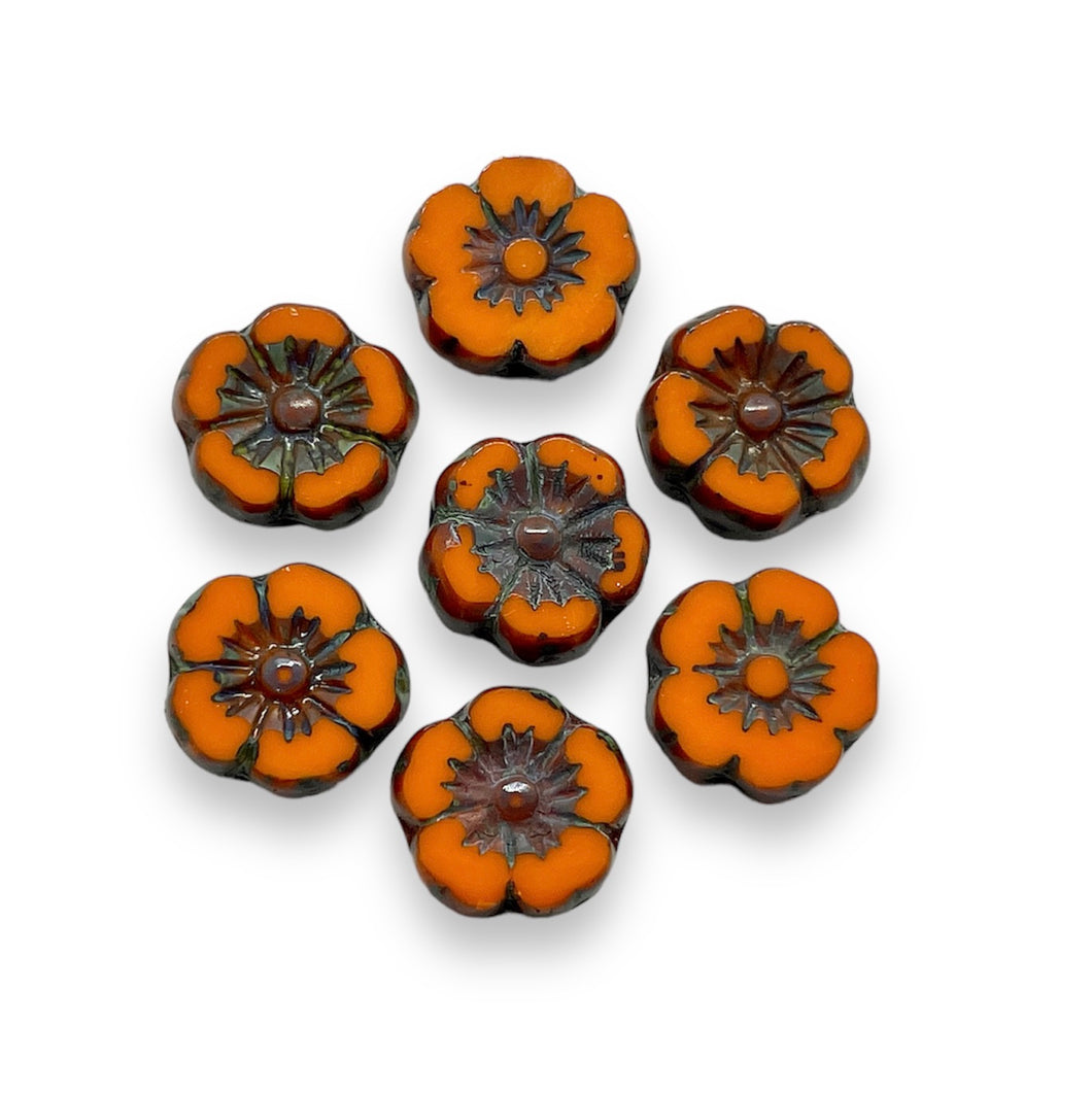 Czech glass table cut hibiscus flower beads 10pc orange picasso 10mm-Orange Grove Beads