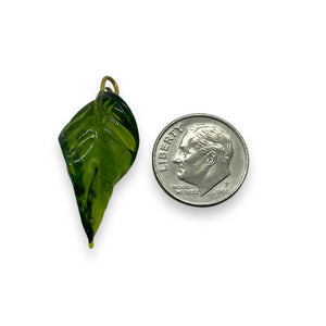 Wired lampwork glass large leaf pendants 12pc olivine green brass 24mm