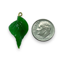 Load image into Gallery viewer, Wired lampwork glass large leaf pendants 12pc opaque green brass 24mm
