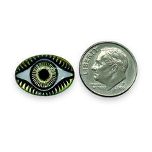 Load image into Gallery viewer, Czech glass oval evil eye flatback cabochon stone Sahara green gold 18x13mm 1pc
