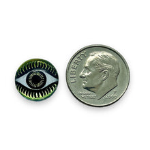 Load image into Gallery viewer, Czech glass round evil eye flatback cabochon stone Sahara green gold 12mm 1pc
