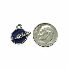 Load image into Gallery viewer, Silver tone pewter flying bat moon coin charm blue accent 15mm
