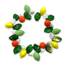 Load image into Gallery viewer, Czech glass orange lemon lime fruit beads 36pc with leaves and flowers
