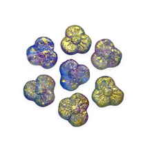 Load image into Gallery viewer, Czech glass 3 petal pansy trillium flower beads 10pc acid etched blue purple gold 13mm-Orange Grove Beads
