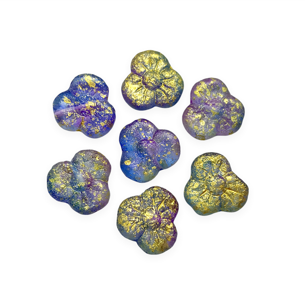 Czech glass 3 petal pansy trillium flower beads 10pc acid etched blue purple gold 13mm-Orange Grove Beads