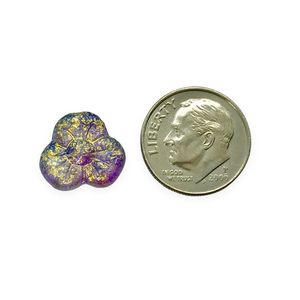 Czech glass 3 petal pansy trillium flower beads 10pc acid etched blue purple gold 13mm