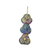 Load image into Gallery viewer, Czech glass 3 petal pansy trillium flower beads 10pc acid etched blue purple gold 13mm
