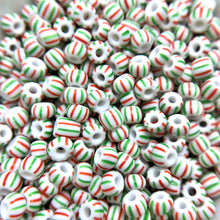 Load image into Gallery viewer, Czech glass Christmas peppermint green red white striped 6/0 seed beads 20g-Orange Grove Beads
