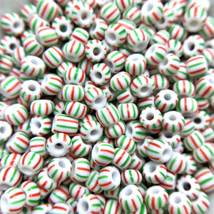 Czech glass Christmas peppermint green red white striped 6/0 seed beads 20g-Orange Grove Beads