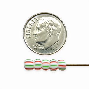 Czech glass Christmas peppermint green red white striped 6/0 seed beads 20g