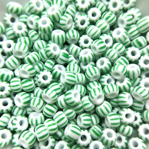 Czech glass Christmas peppermint green white striped 6/0 seed beads 20g-Orange Grove Beads
