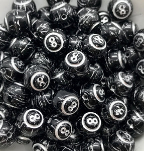 Czech glass magic eight ball billiards beads 20pc black silver decor 8mm