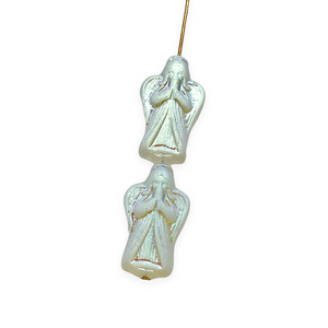 Czech glass angel beads 6pc 23x13mm frosted opaline white AB #14