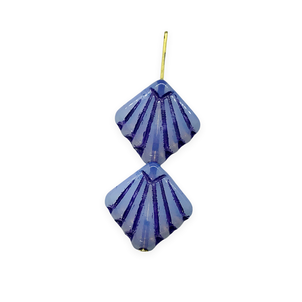 Czech glass Art Deco Diamond Fan Beads 10pc opaline blue navy inlay 17mm