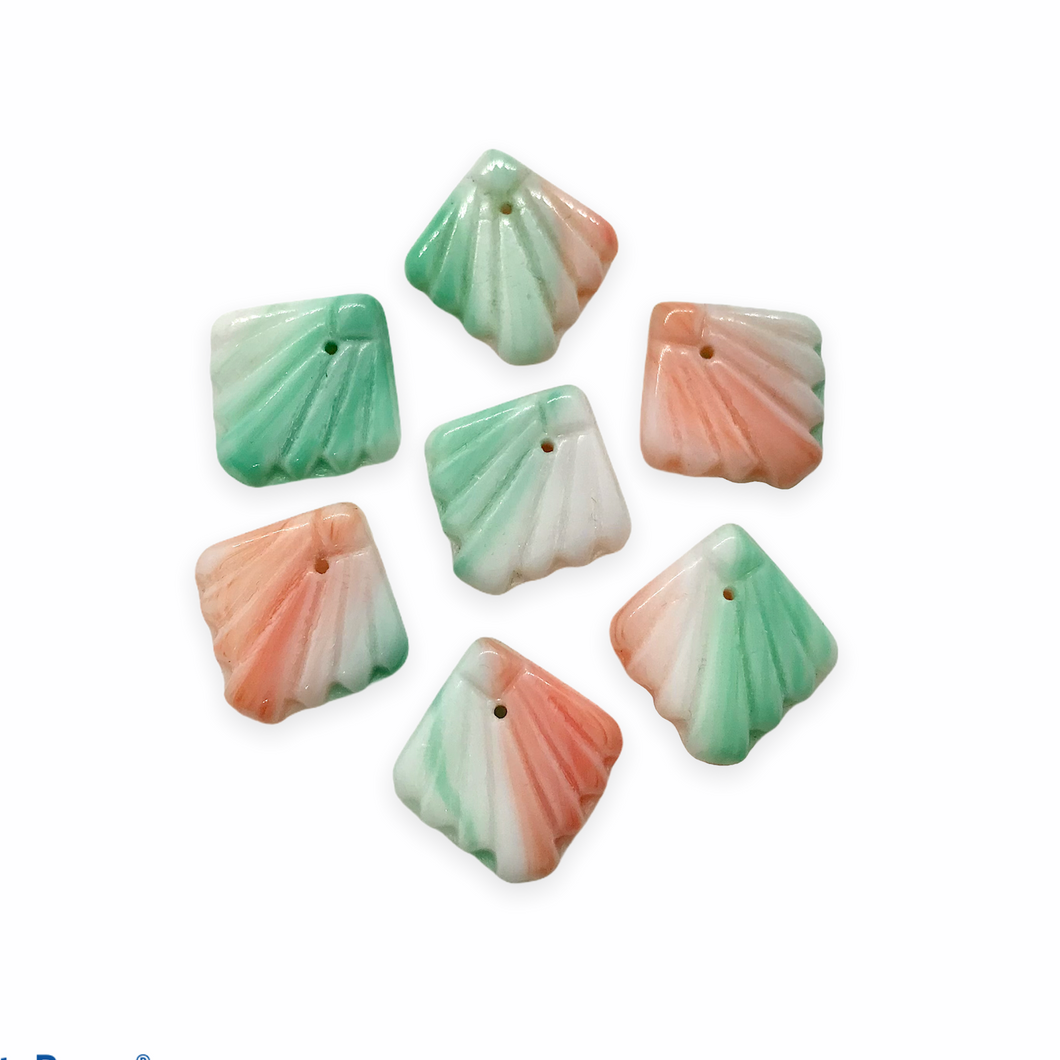 Czech glass Art Deco Style Fan Beads Charms 10pc white coral mint 18mm -Orange Grove Beads