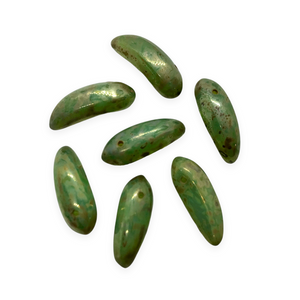 Czech glass banana fruit shaped beads 12pc green with picasso 17x6mm-Orange Grove Beads