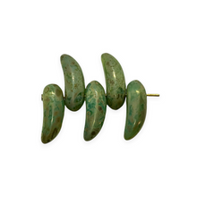 Load image into Gallery viewer, Czech glass banana fruit shaped beads 12pc green with picasso 17x6mm
