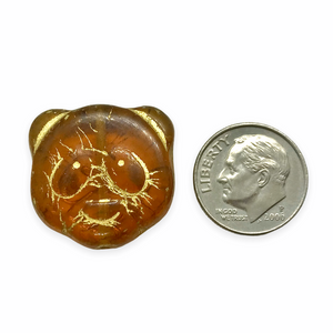 Czech glass Large Honey Bear Head Face Beads Pendants 2pc brown gold 22mm