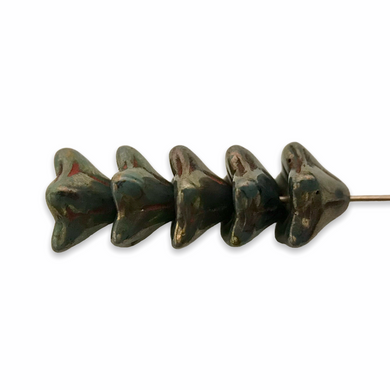 Czech glass bellflower beads 25pc dark green bronze 8x5-Orange Grove Beads