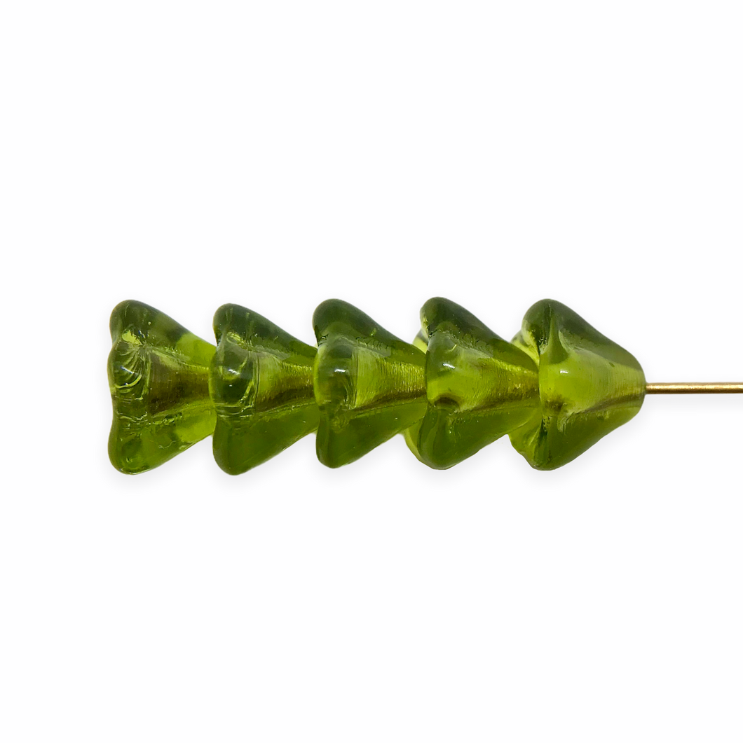 Czech glass bellflower flower beads 30pc translucent olivine green 6x8mm-Orange Grove Beads