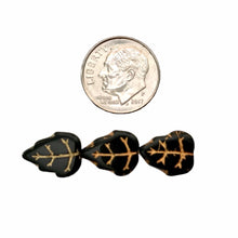 Load image into Gallery viewer, Czech glass birch leaf beads 20pc jet black gold 12x10mm
