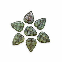 Load image into Gallery viewer, Czech glass birch leaf beads charms 20pc lumi green 12x10mm
