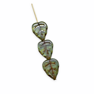 Czech glass birch leaf beads charms 20pc lumi green 12x10mm