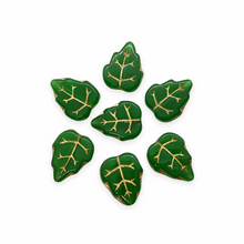 Load image into Gallery viewer, Czech glass green leaf beads charms 20pc with gold 12x10mOrange Grove Beads
