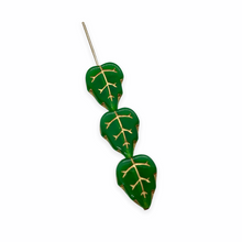 Load image into Gallery viewer, Czech glass green leaf beads charms 20pc with gold 12x10mm
