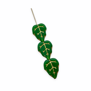 Czech glass leaf beads 20pc green gold 12x10mm