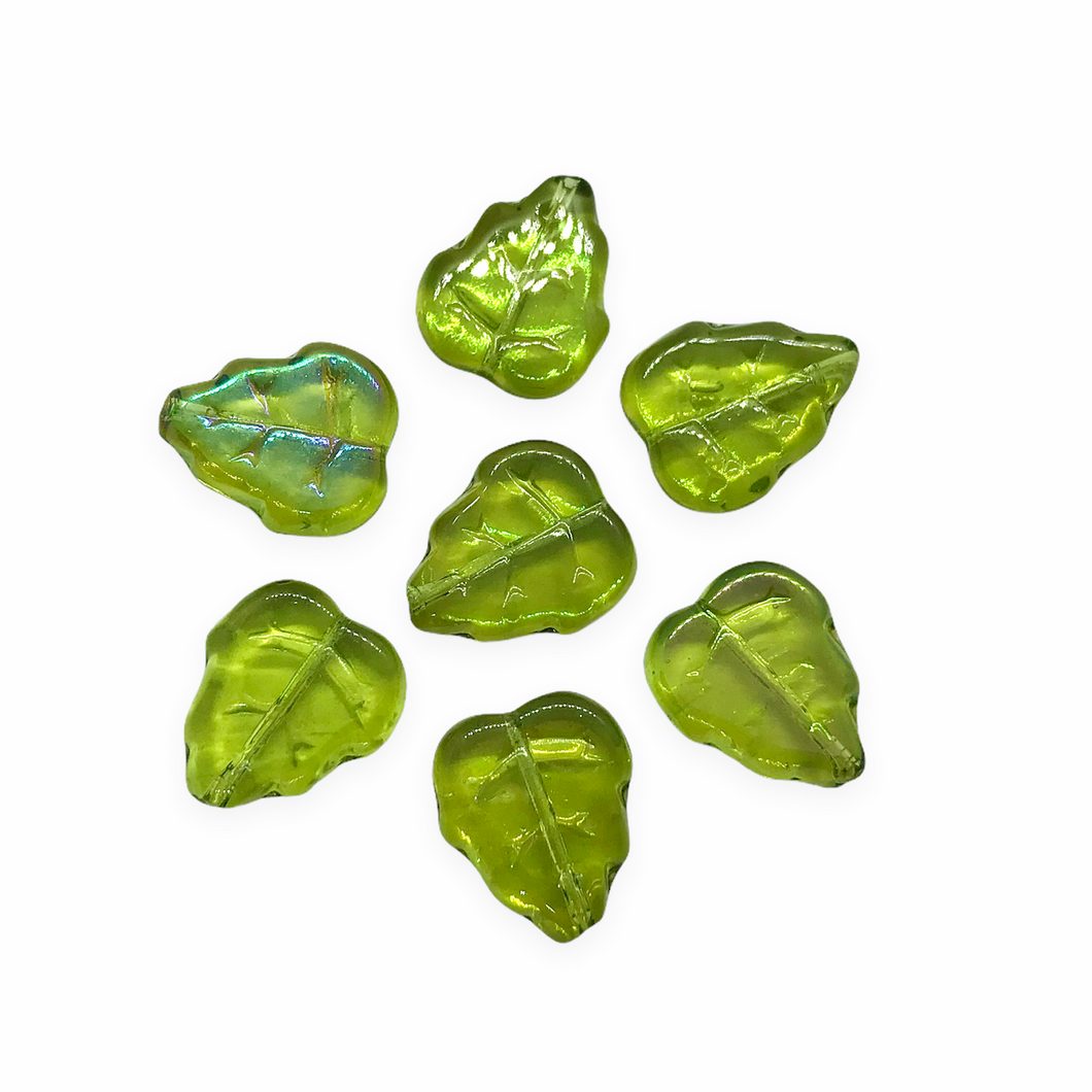 Czech glass birch leaf beads charms 20pc translucent olivine green AB 12x10mm-Orange Grove Beads