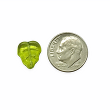 Load image into Gallery viewer, Czech glass birch leaf beads charms 20pc translucent olivine green AB 12x10mm
