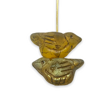 Load image into Gallery viewer, Czech glass large bird beads 4pc frosted yellow bronze AB 22x11mm

